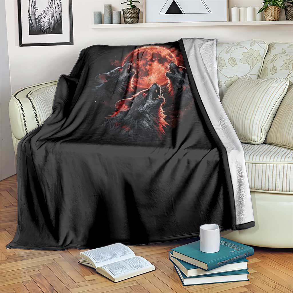 Majestic Three Wolves Howling at Red Blood Moon Graphic Throw Blanket Wild Nature with Celestial Astronomy
