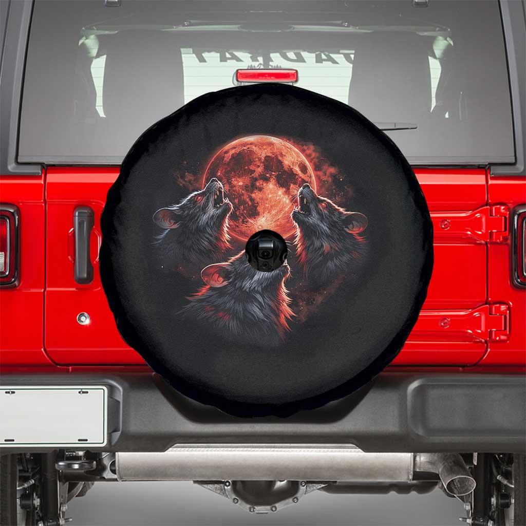 Majestic Three Wolves Howling at Red Blood Moon Graphic Spare Tire Cover Wild Nature with Celestial Astronomy