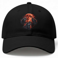 Majestic Three Wolves Howling at Red Blood Moon Graphic Baseball Cap Wild Nature with Celestial Astronomy
