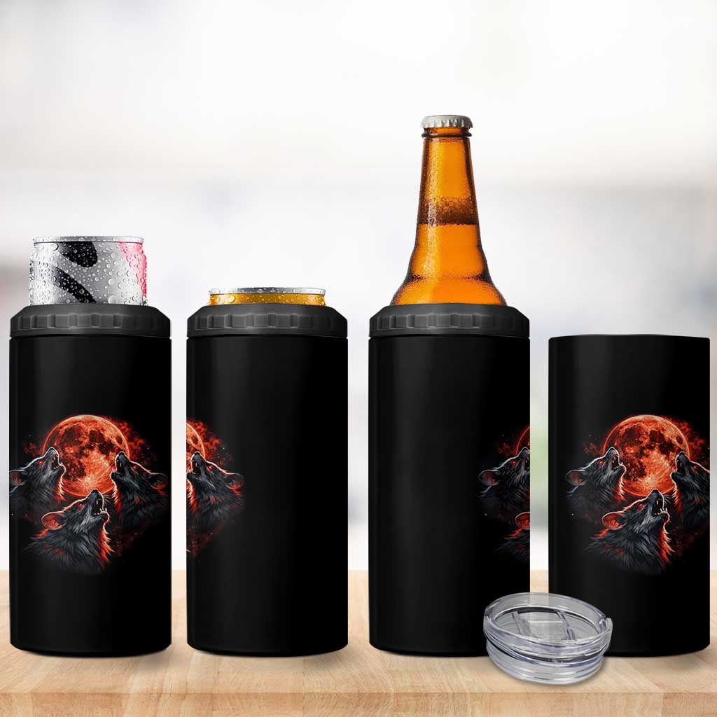 Majestic Three Wolves Howling at Red Blood Moon Graphic 4 in 1 Can Cooler Tumbler Wild Nature with Celestial Astronomy