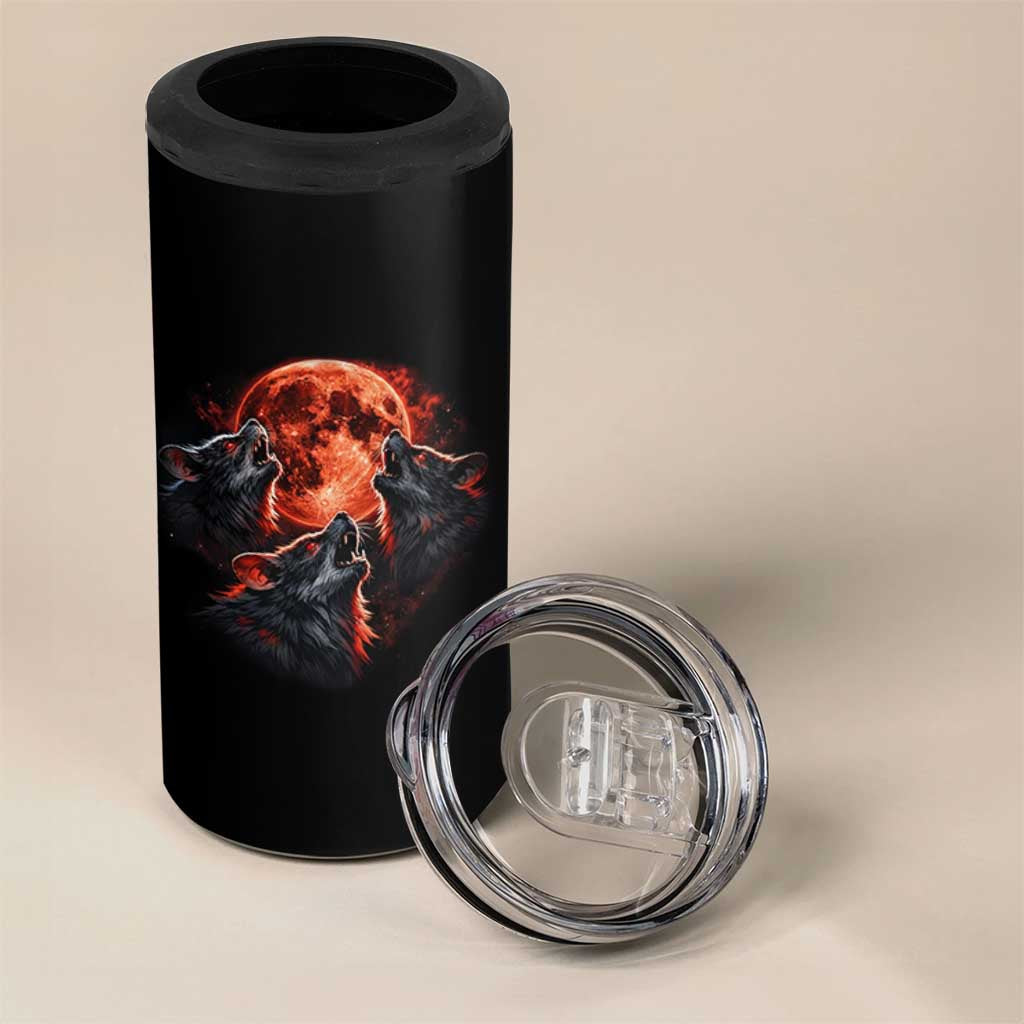 Majestic Three Wolves Howling at Red Blood Moon Graphic 4 in 1 Can Cooler Tumbler Wild Nature with Celestial Astronomy