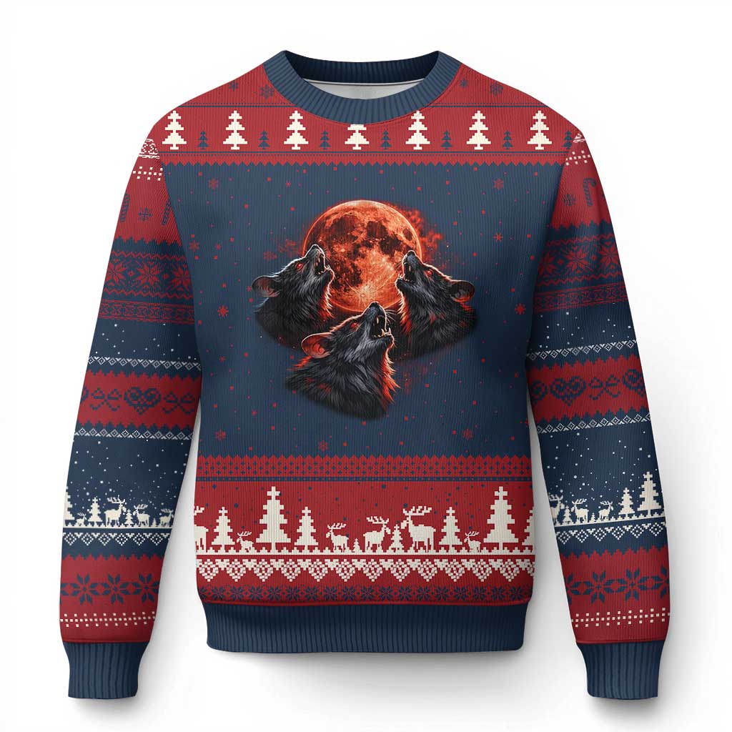 Majestic Three Wolves Howling at Red Blood Moon Graphic Ugly Christmas Sweater Wild Nature with Celestial Astronomy