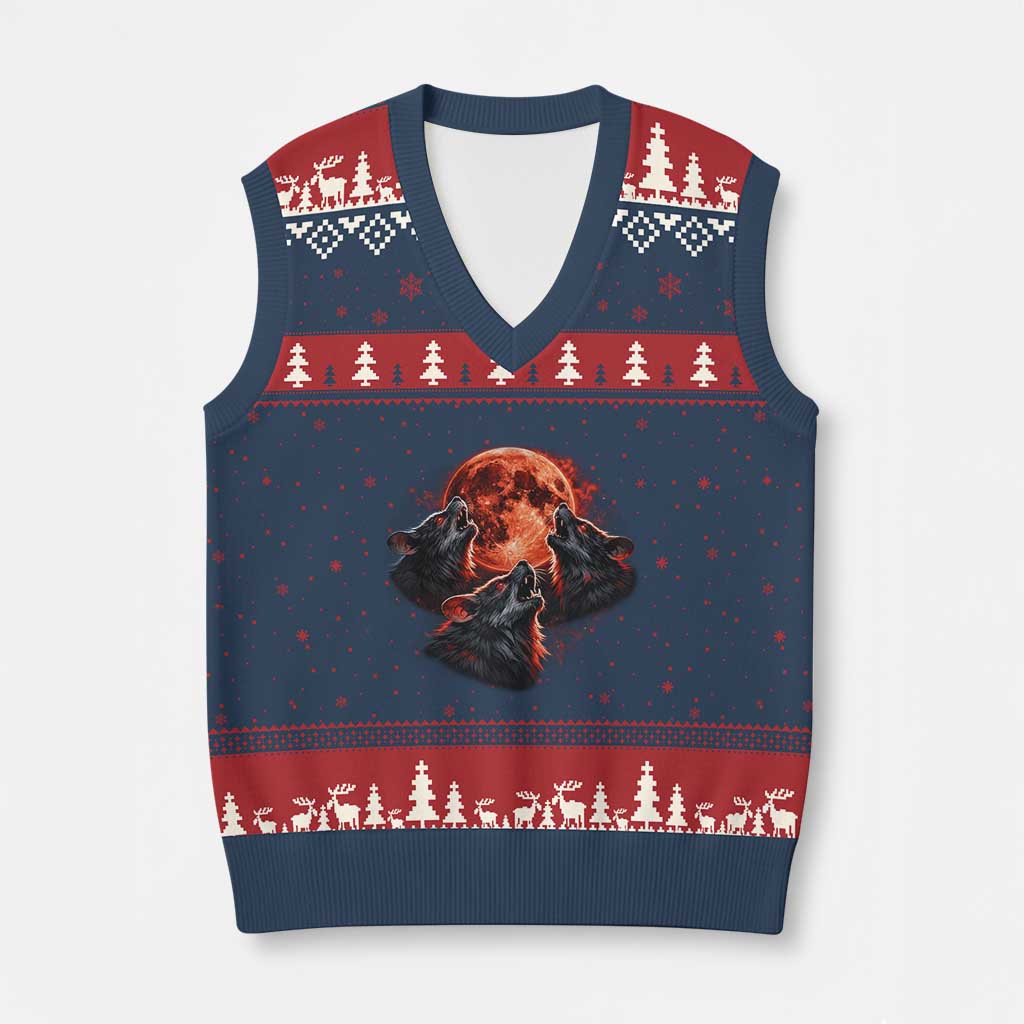 Majestic Three Wolves Howling at Red Blood Moon Graphic V-Neck Knit Sweater Vest Wild Nature with Celestial Astronomy