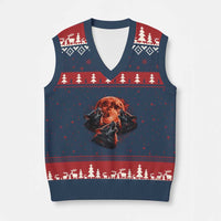 Majestic Three Wolves Howling at Red Blood Moon Graphic V-Neck Knit Sweater Vest Wild Nature with Celestial Astronomy