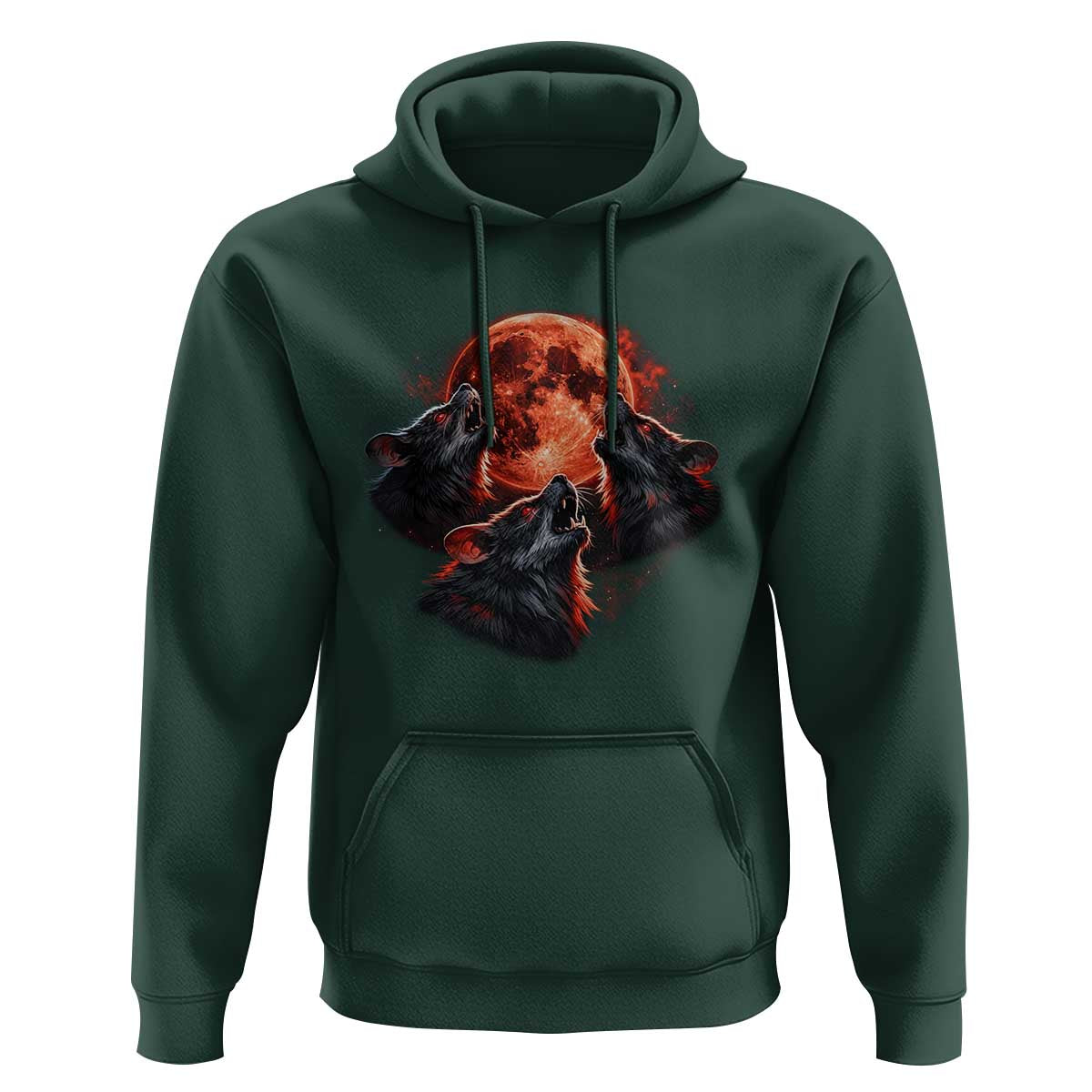 Majestic Three Wolves Howling at Red Blood Moon Graphic Hoodie Wild Nature with Celestial Astronomy