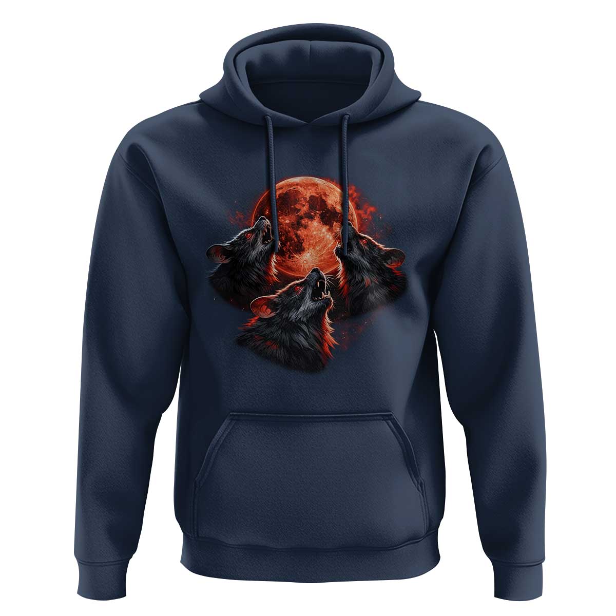 Majestic Three Wolves Howling at Red Blood Moon Graphic Hoodie Wild Nature with Celestial Astronomy