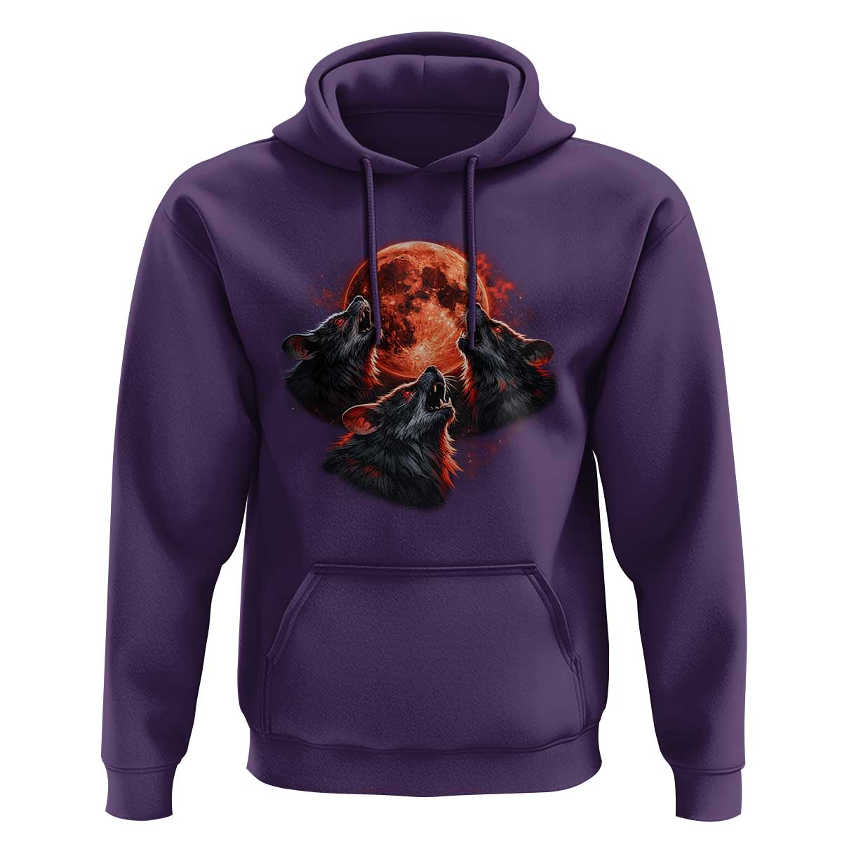 Majestic Three Wolves Howling at Red Blood Moon Graphic Hoodie Wild Nature with Celestial Astronomy