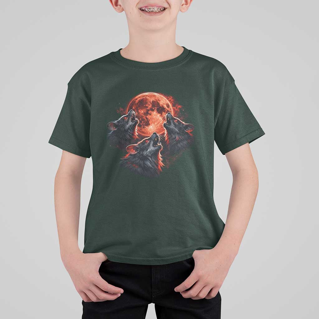 Majestic Three Wolves Howling at Red Blood Moon Graphic T Shirt For Kid Wild Nature with Celestial Astronomy