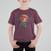 Majestic Three Wolves Howling at Red Blood Moon Graphic T Shirt For Kid Wild Nature with Celestial Astronomy