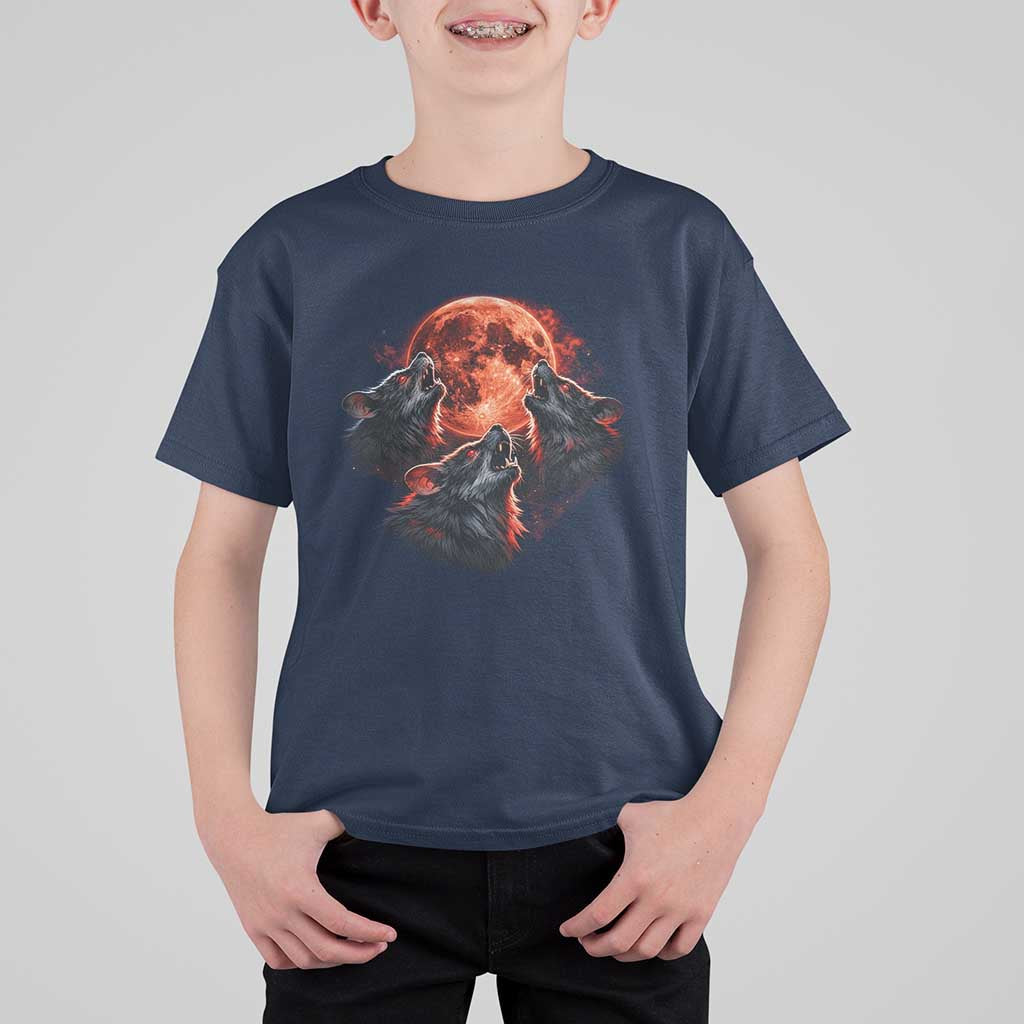Majestic Three Wolves Howling at Red Blood Moon Graphic T Shirt For Kid Wild Nature with Celestial Astronomy