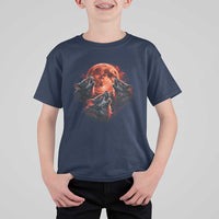 Majestic Three Wolves Howling at Red Blood Moon Graphic T Shirt For Kid Wild Nature with Celestial Astronomy
