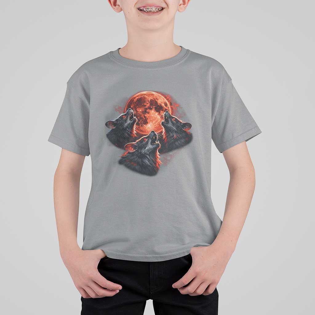 Majestic Three Wolves Howling at Red Blood Moon Graphic T Shirt For Kid Wild Nature with Celestial Astronomy