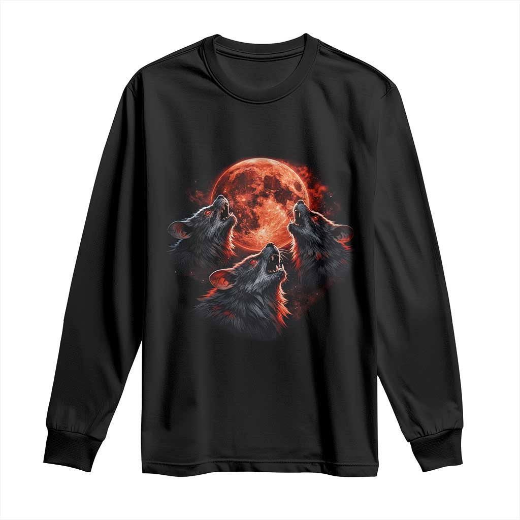 Majestic Three Wolves Howling at Red Blood Moon Graphic Long Sleeve Shirt Wild Nature with Celestial Astronomy