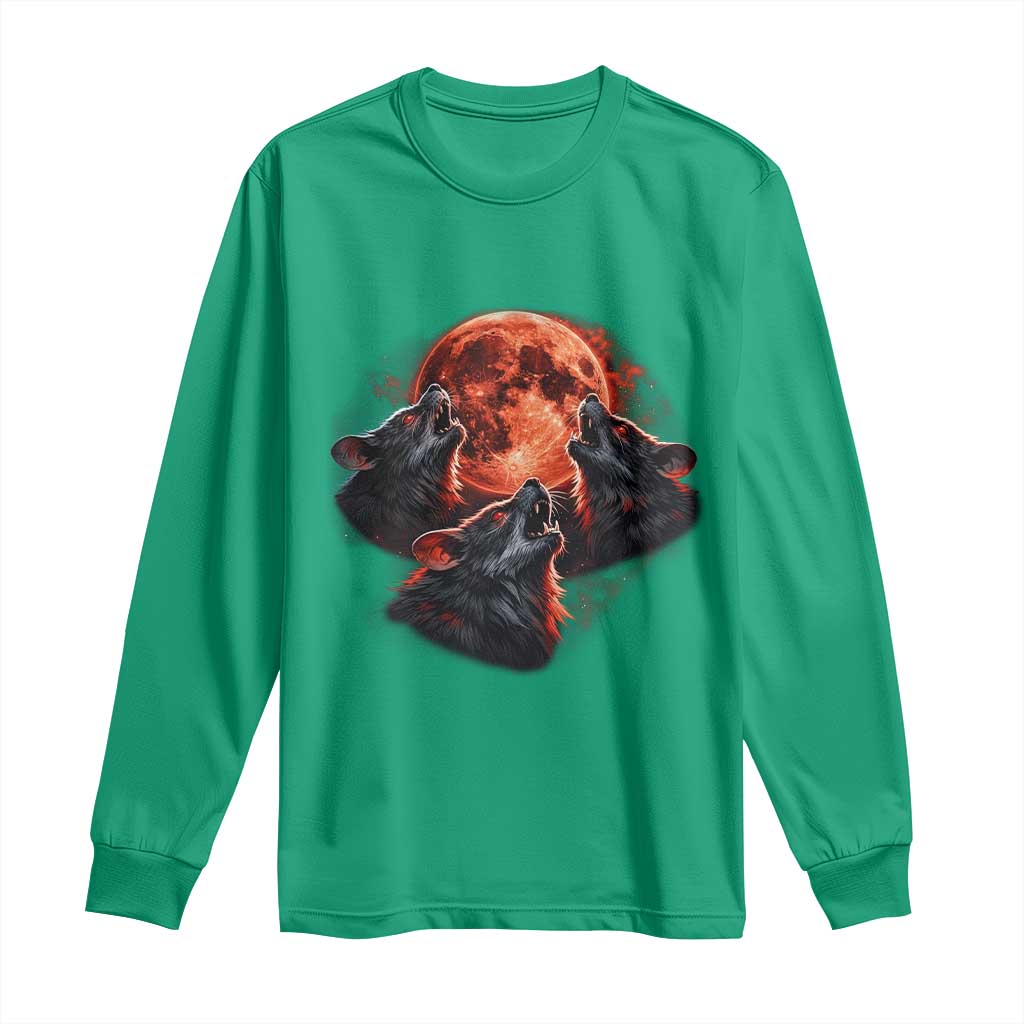 Majestic Three Wolves Howling at Red Blood Moon Graphic Long Sleeve Shirt Wild Nature with Celestial Astronomy