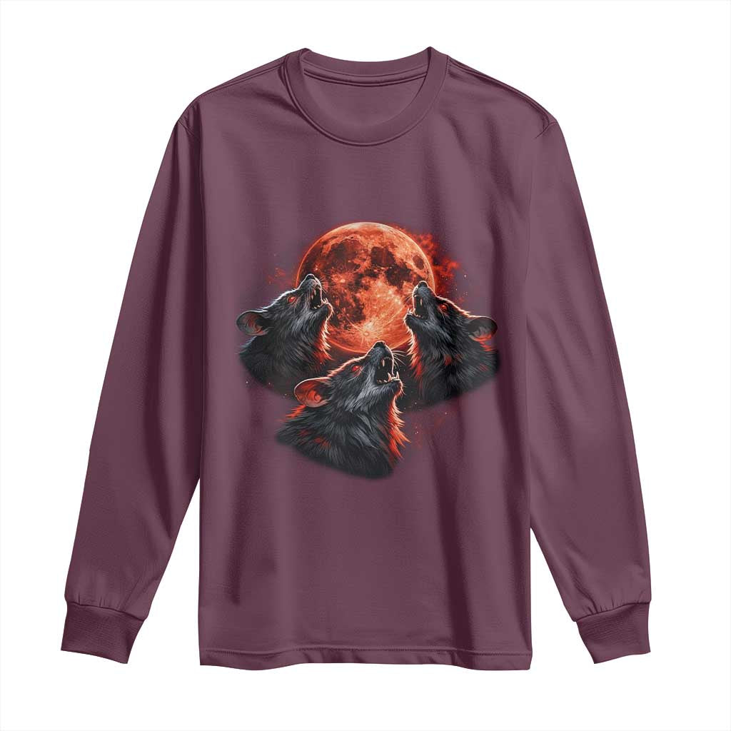 Majestic Three Wolves Howling at Red Blood Moon Graphic Long Sleeve Shirt Wild Nature with Celestial Astronomy
