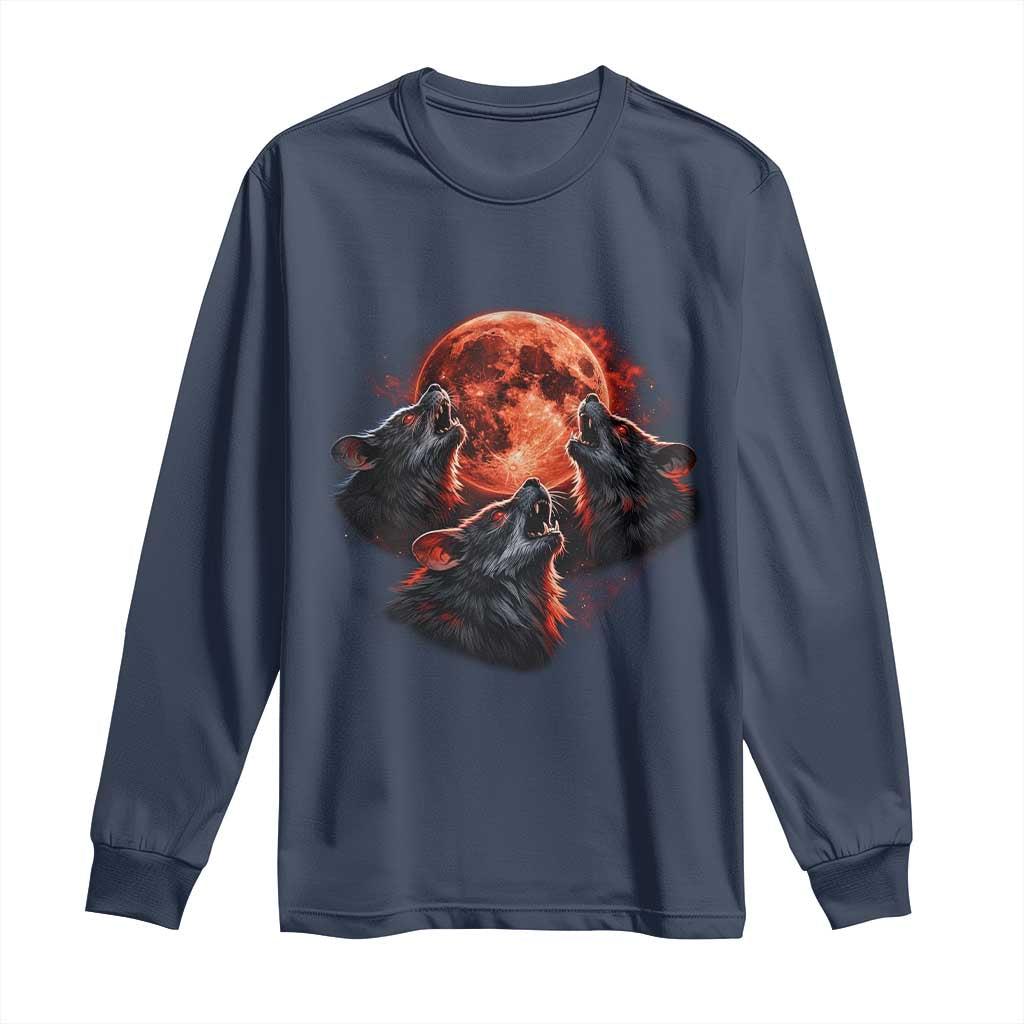 Majestic Three Wolves Howling at Red Blood Moon Graphic Long Sleeve Shirt Wild Nature with Celestial Astronomy