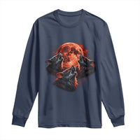 Majestic Three Wolves Howling at Red Blood Moon Graphic Long Sleeve Shirt Wild Nature with Celestial Astronomy