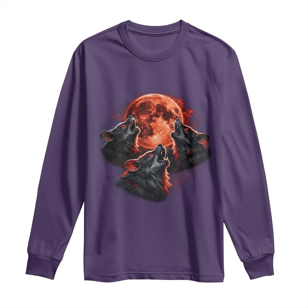 Majestic Three Wolves Howling at Red Blood Moon Graphic Long Sleeve Shirt Wild Nature with Celestial Astronomy