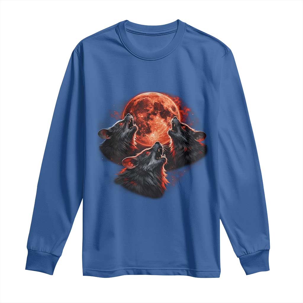 Majestic Three Wolves Howling at Red Blood Moon Graphic Long Sleeve Shirt Wild Nature with Celestial Astronomy
