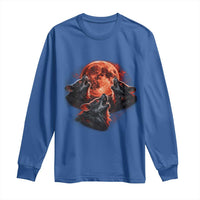Majestic Three Wolves Howling at Red Blood Moon Graphic Long Sleeve Shirt Wild Nature with Celestial Astronomy