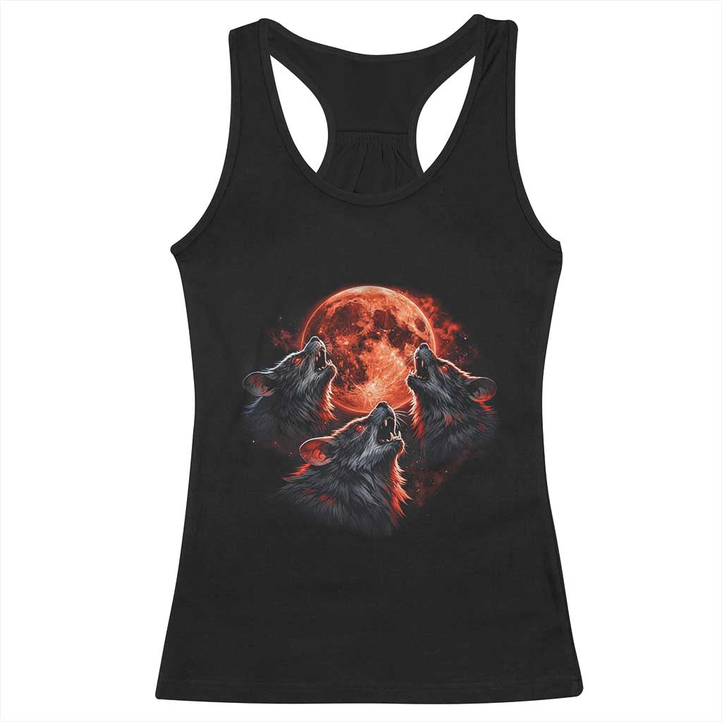 Majestic Three Wolves Howling at Red Blood Moon Graphic Racerback Tank Top Wild Nature with Celestial Astronomy