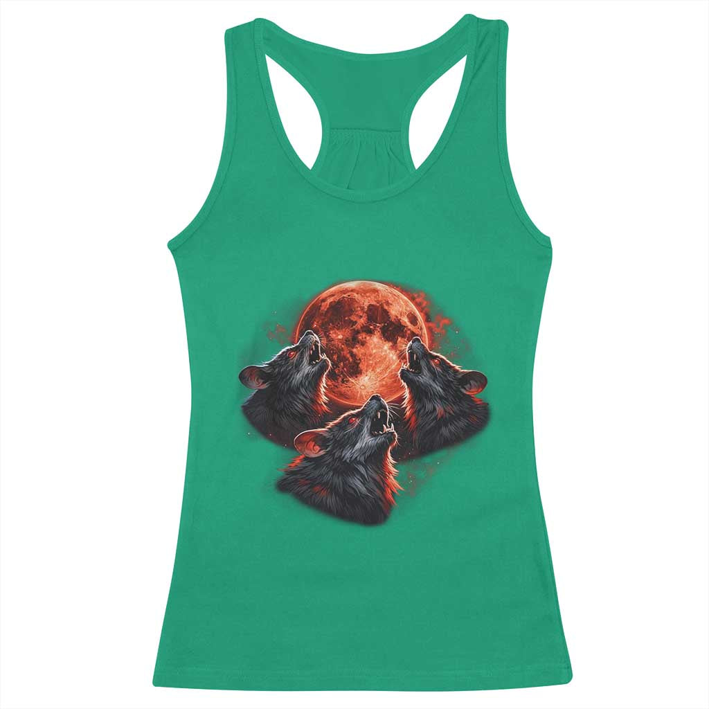 Majestic Three Wolves Howling at Red Blood Moon Graphic Racerback Tank Top Wild Nature with Celestial Astronomy