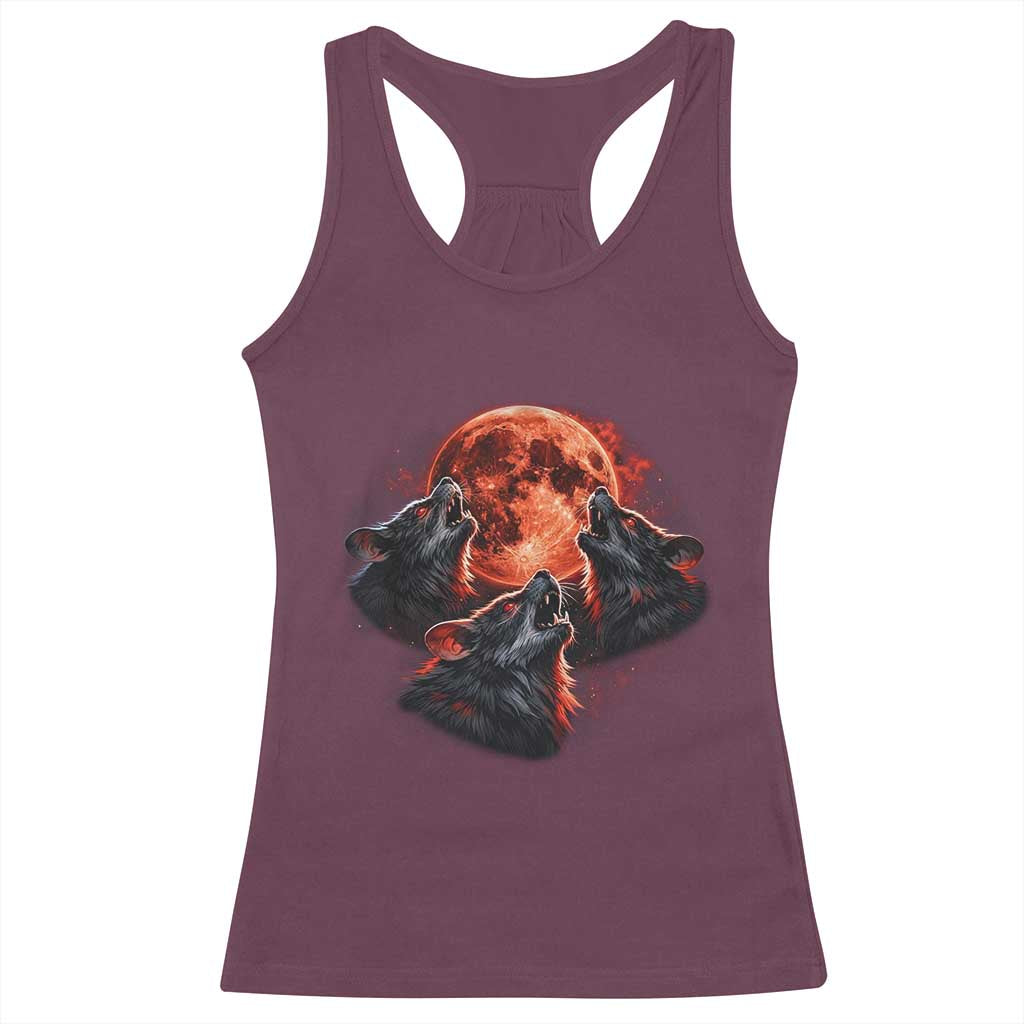 Majestic Three Wolves Howling at Red Blood Moon Graphic Racerback Tank Top Wild Nature with Celestial Astronomy