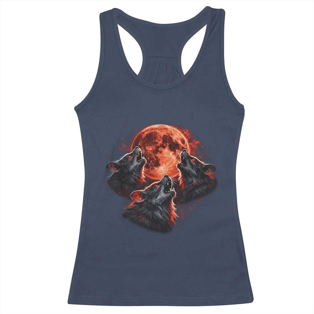 Majestic Three Wolves Howling at Red Blood Moon Graphic Racerback Tank Top Wild Nature with Celestial Astronomy