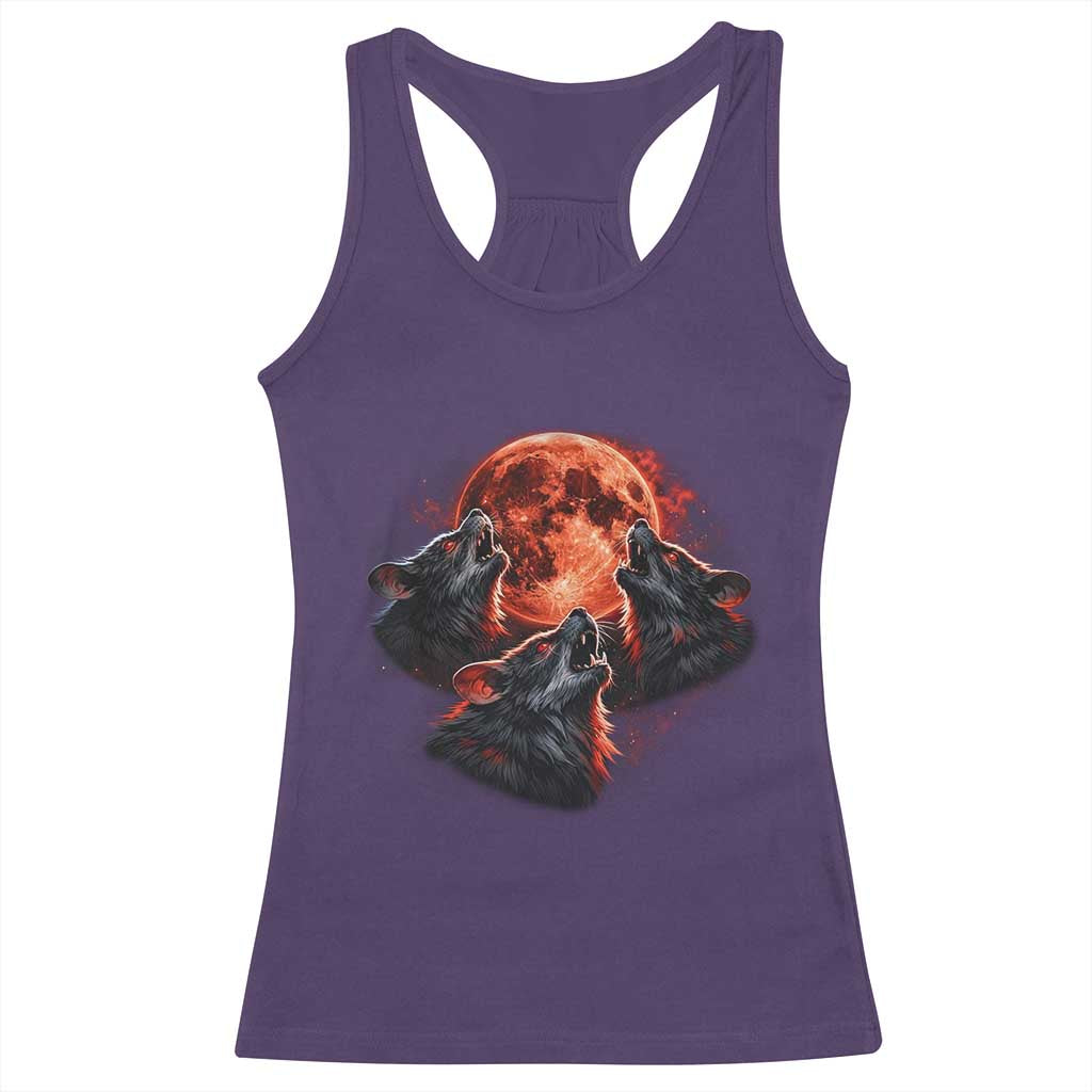 Majestic Three Wolves Howling at Red Blood Moon Graphic Racerback Tank Top Wild Nature with Celestial Astronomy