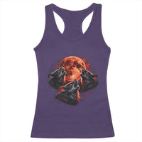 Majestic Three Wolves Howling at Red Blood Moon Graphic Racerback Tank Top Wild Nature with Celestial Astronomy