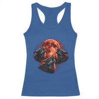 Majestic Three Wolves Howling at Red Blood Moon Graphic Racerback Tank Top Wild Nature with Celestial Astronomy