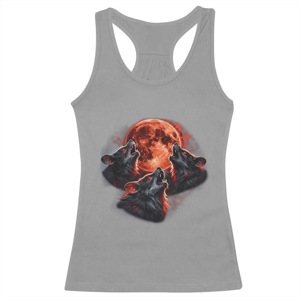 Majestic Three Wolves Howling at Red Blood Moon Graphic Racerback Tank Top Wild Nature with Celestial Astronomy