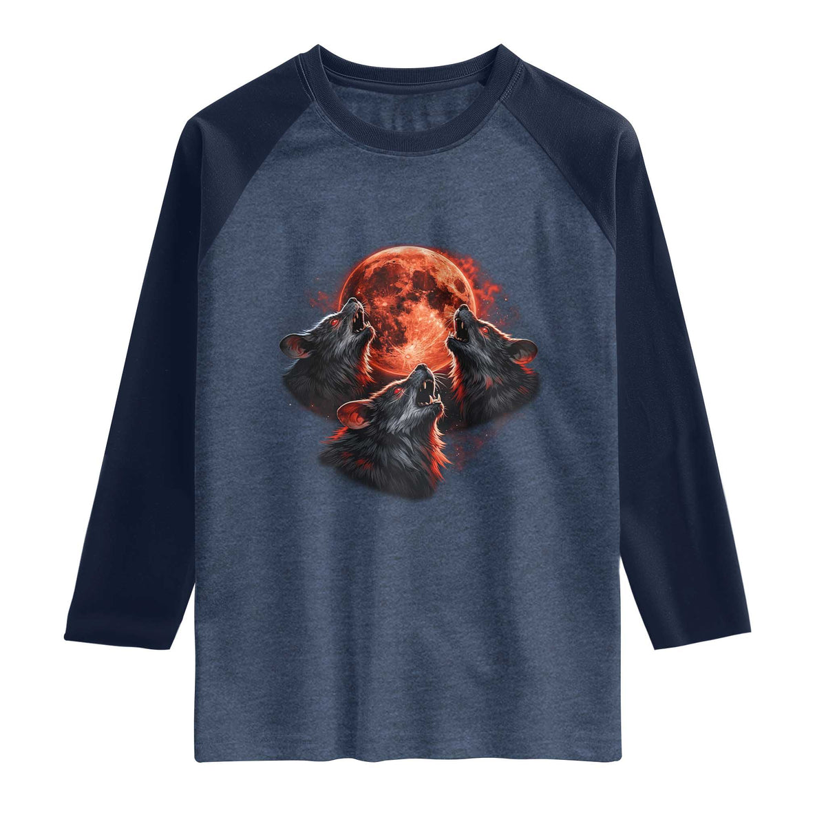 Majestic Three Wolves Howling at Red Blood Moon Graphic Raglan Shirt Wild Nature with Celestial Astronomy