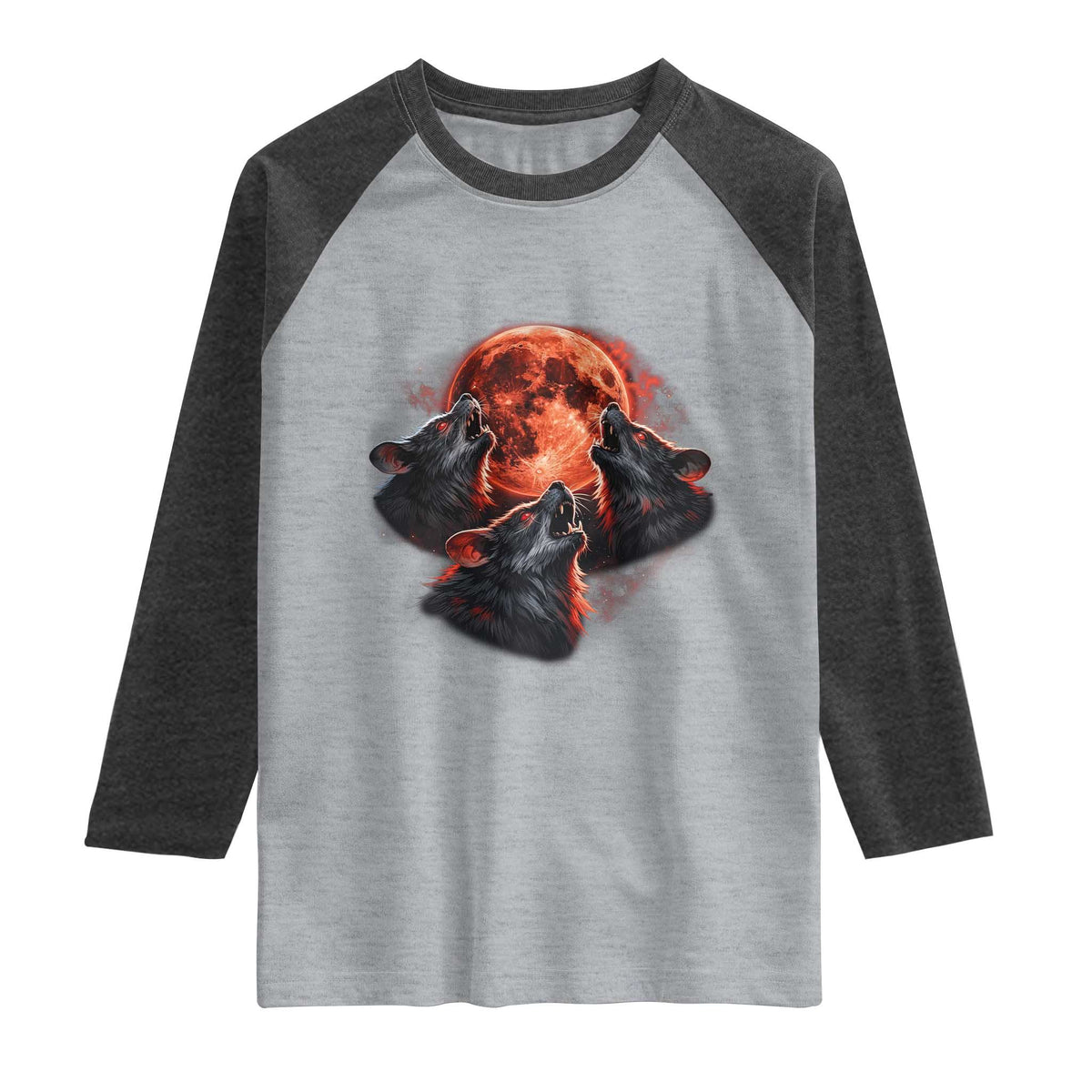 Majestic Three Wolves Howling at Red Blood Moon Graphic Raglan Shirt Wild Nature with Celestial Astronomy