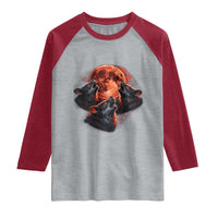 Majestic Three Wolves Howling at Red Blood Moon Graphic Raglan Shirt Wild Nature with Celestial Astronomy