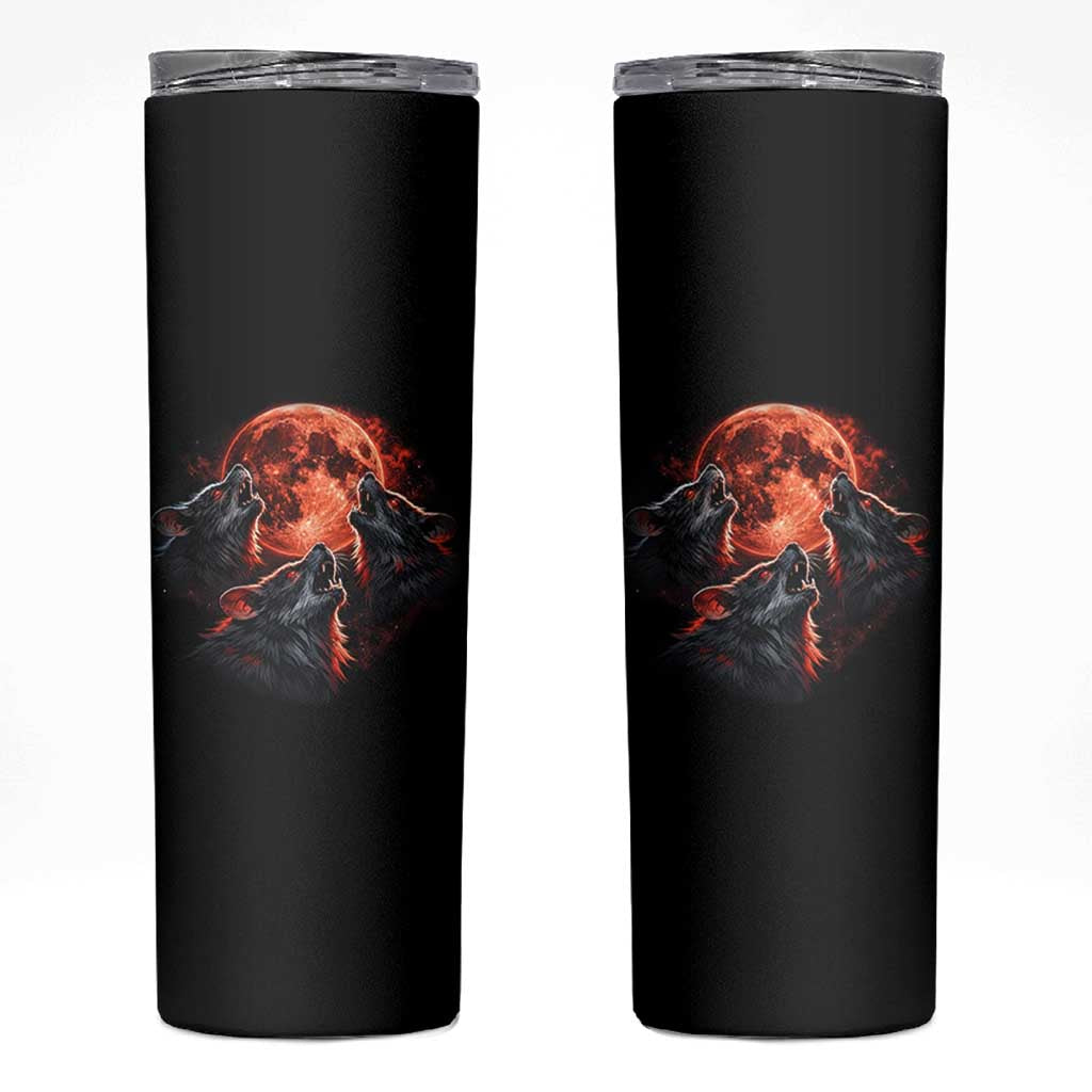 Majestic Three Wolves Howling at Red Blood Moon Graphic Skinny Tumbler Wild Nature with Celestial Astronomy