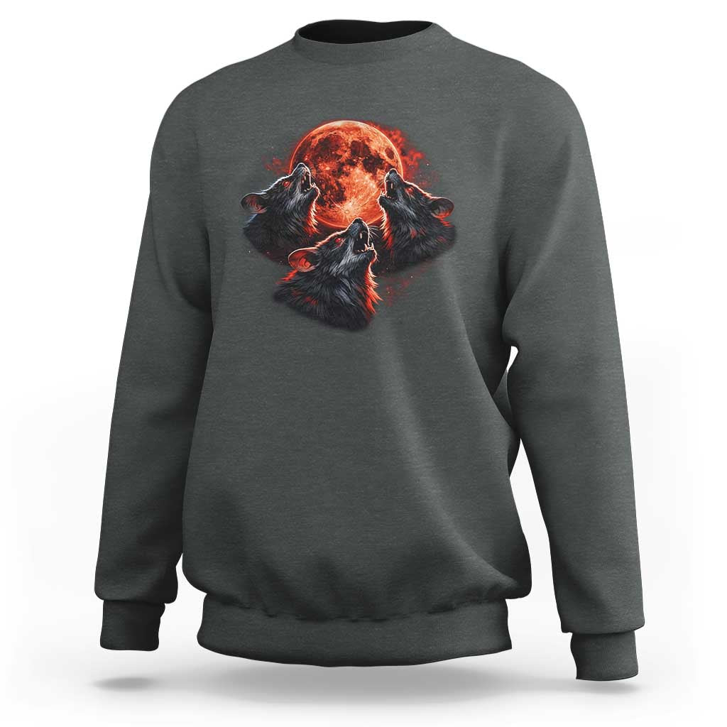 Majestic Three Wolves Howling at Red Blood Moon Graphic Sweatshirt Wild Nature with Celestial Astronomy