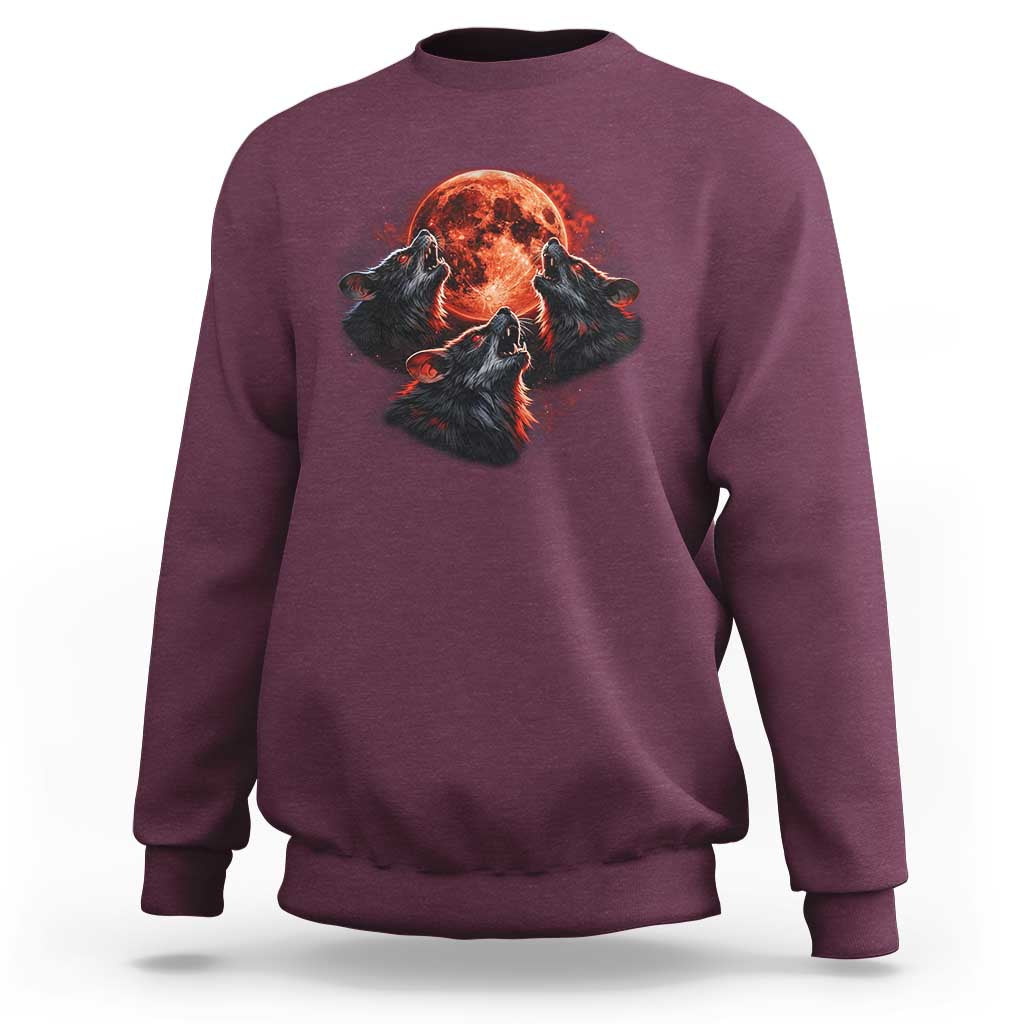 Majestic Three Wolves Howling at Red Blood Moon Graphic Sweatshirt Wild Nature with Celestial Astronomy