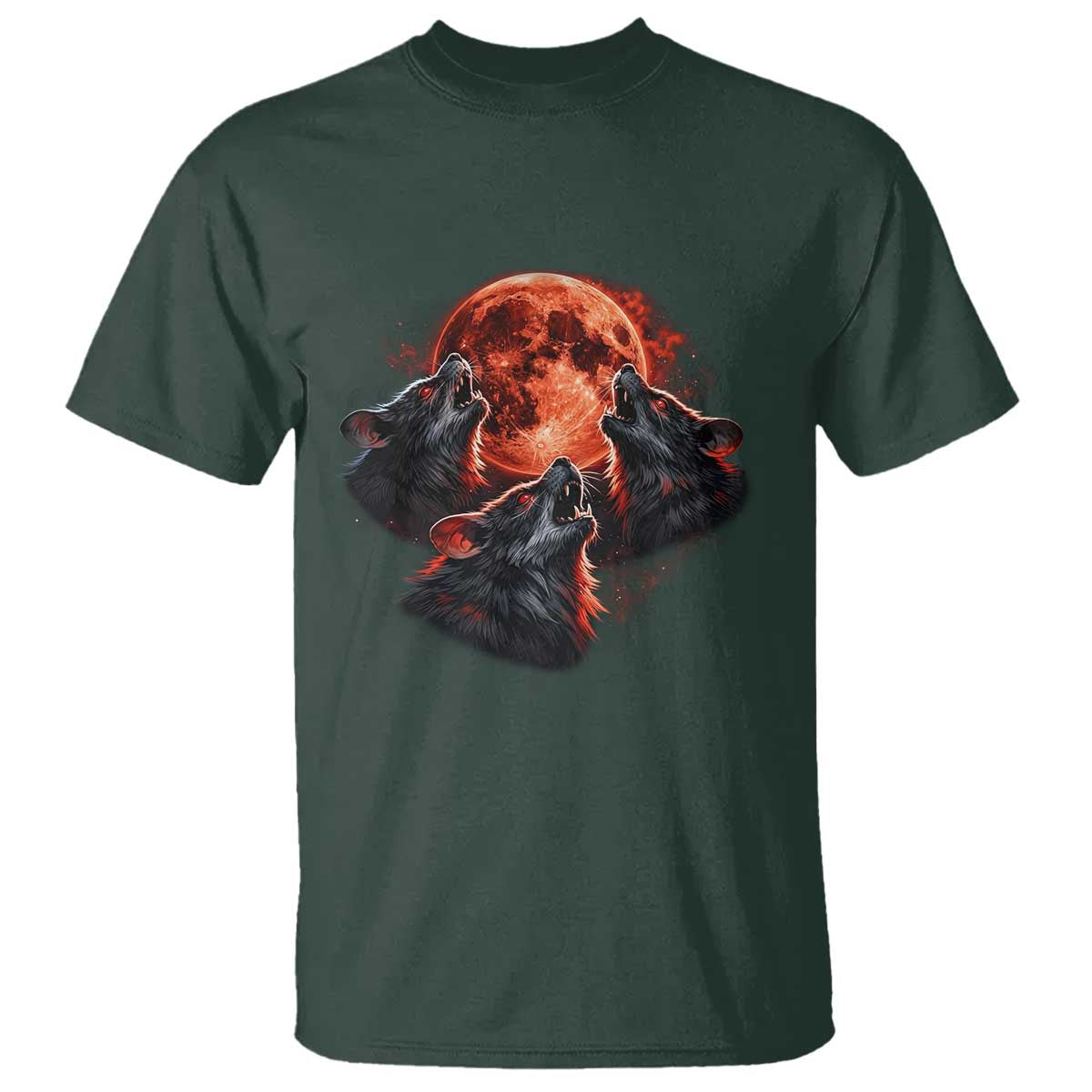 Majestic Three Wolves Howling at Red Blood Moon Graphic T Shirt Wild Nature with Celestial Astronomy