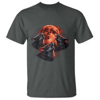 Majestic Three Wolves Howling at Red Blood Moon Graphic T Shirt Wild Nature with Celestial Astronomy