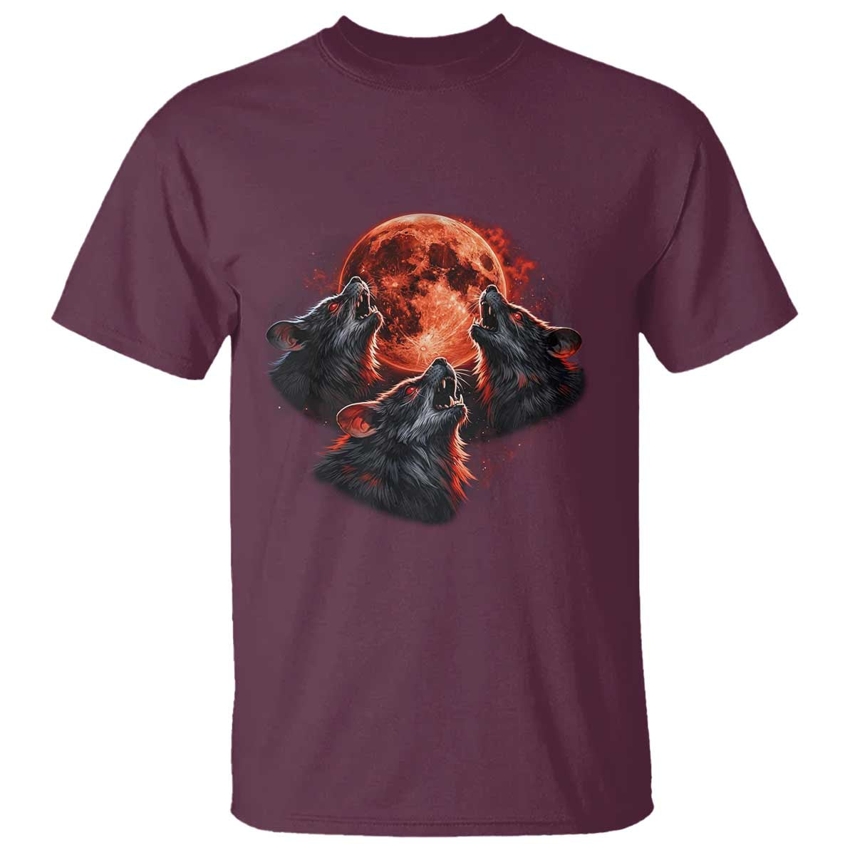 Majestic Three Wolves Howling at Red Blood Moon Graphic T Shirt Wild Nature with Celestial Astronomy
