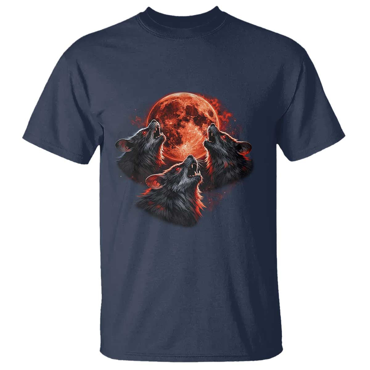 Majestic Three Wolves Howling at Red Blood Moon Graphic T Shirt Wild Nature with Celestial Astronomy