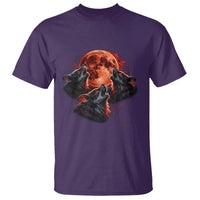 Majestic Three Wolves Howling at Red Blood Moon Graphic T Shirt Wild Nature with Celestial Astronomy