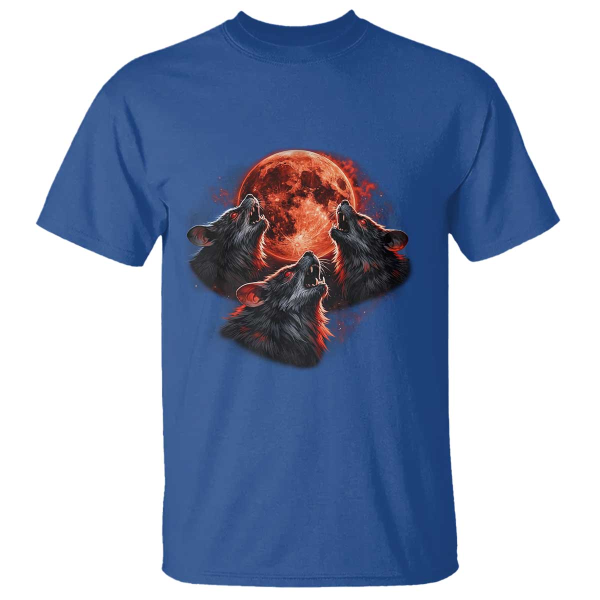 Majestic Three Wolves Howling at Red Blood Moon Graphic T Shirt Wild Nature with Celestial Astronomy