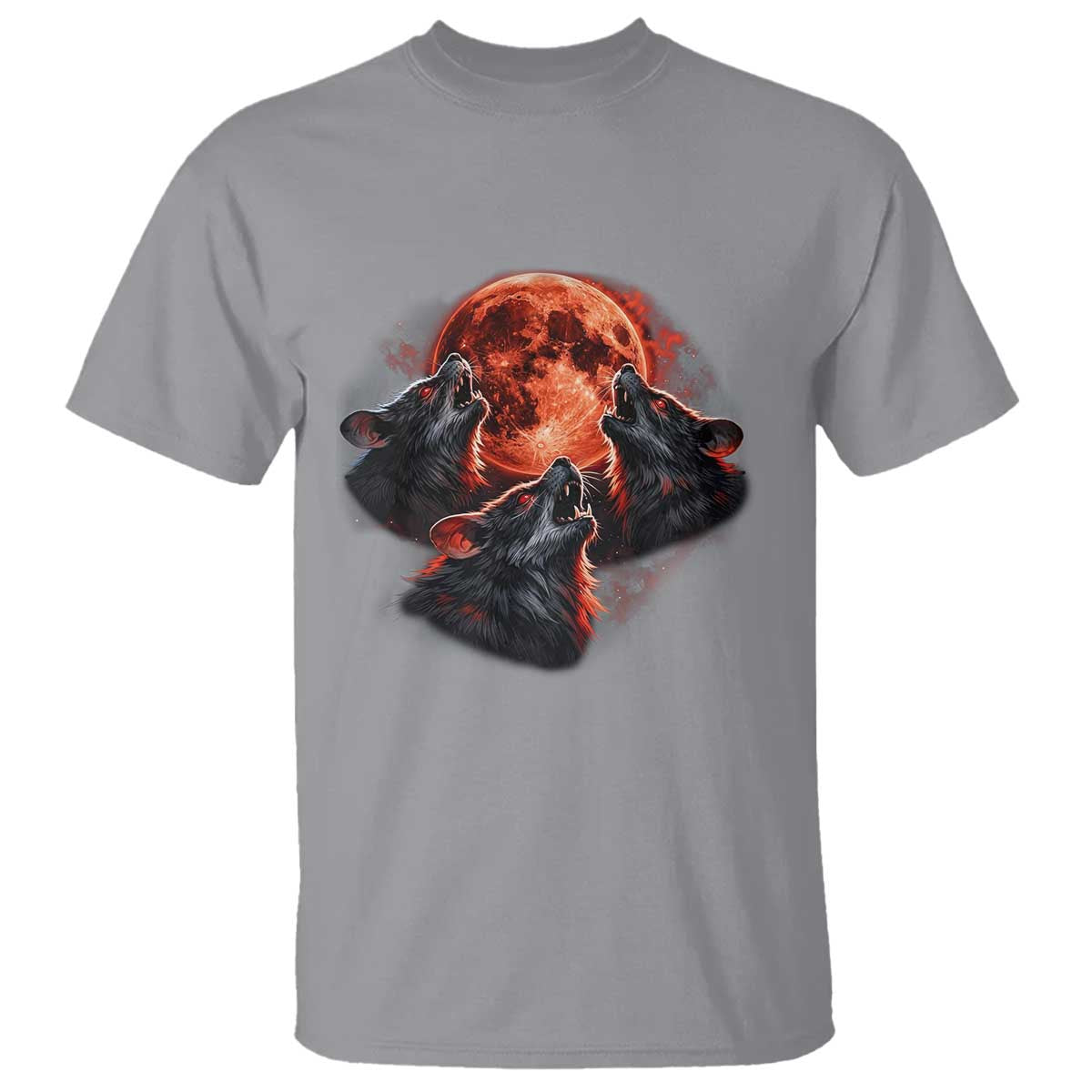 Majestic Three Wolves Howling at Red Blood Moon Graphic T Shirt Wild Nature with Celestial Astronomy