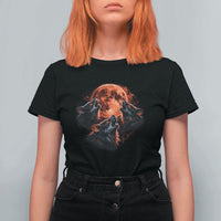 Majestic Three Wolves Howling at Red Blood Moon Graphic T Shirt For Women Wild Nature with Celestial Astronomy