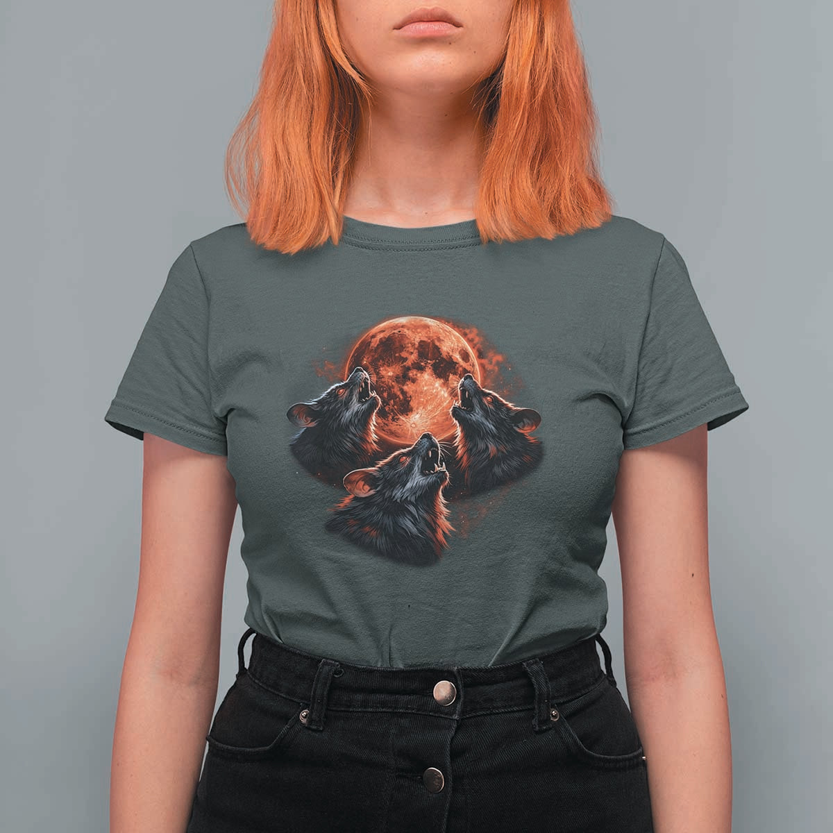 Majestic Three Wolves Howling at Red Blood Moon Graphic T Shirt For Women Wild Nature with Celestial Astronomy
