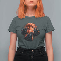 Majestic Three Wolves Howling at Red Blood Moon Graphic T Shirt For Women Wild Nature with Celestial Astronomy