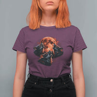 Majestic Three Wolves Howling at Red Blood Moon Graphic T Shirt For Women Wild Nature with Celestial Astronomy