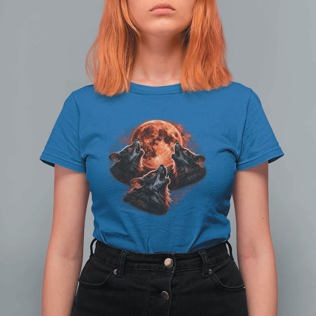 Majestic Three Wolves Howling at Red Blood Moon Graphic T Shirt For Women Wild Nature with Celestial Astronomy